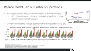 Reduce Model Size & Number of Operations
● Pruning redundant weights and retrain (a.k.a “Brain Damage”):
○ According to some criteria: impact on training-loss, energy
○ Simply remove small weights
● Custom hardware to support sparse matrix multiplications: e.g. EIE
”Optimal Brain Damage”, LeCun et al. 1990
“Designing Energy-Efficient Convolutional Neural Networks using Energy-Aware Pruning “, Yang et al. 2017
“Learning both weights and connections for efficient neural networks”, Yang et al. 2015
“EIE: efficient inference engine on compressed deep neural network”, Han et al. 2016
 