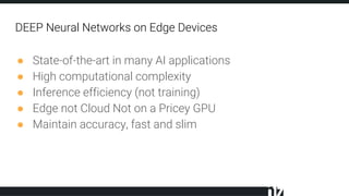 DEEP Neural Networks on Edge Devices
● State-of-the-art in many AI applications
● High computational complexity
● Inference efficiency (not training)
● Edge not Cloud Not on a Pricey GPU
● Maintain accuracy, fast and slim
 