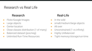 Research vs Real Life
● Flickr/Google Images
● Large objects
● Center location
● Close classes distribution (1 of many)
● Balanced dataset (pos/neg)
● Unlimited Run-Time Resources
● In the wild
● small/medium/large objects
● All over
● Unconstrained (1 vs infinity)
● Highly UnBalanced
● Tight memory/storage/run-time
Research Real-Life
 
