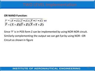 TWO LEVEL Implementation
OR NAND Function:
Implement the following function
Since ‘F’ is in POS form Z can be implemented by using NOR NOR circuit.
Similarly complementing the output we can get F,orby using NOR –OR
Circuit as shown in figure
117
 
