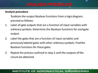 Analysis procedure
Toobtain the output Boolean functions from a logicdiagram,
proceed as follows:
1. Label all gate outputs that are a function of input variables with
arbitrary symbols. Determine the Boolean functions for eachgate
output.
2. Label the gates that are a function of input variables and
previously labeled gates with other arbitrary symbols. Findthe
Boolean functions for these gates.
3. Repeat the process outlined in step 2 until the outputs ofthe
circuit are obtained.
127
ANALYSIS PROCEDURE
 
