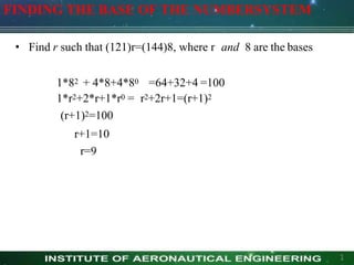FINDING THE BASE OF THE NUMBERSYSTEM
1
• Find r such that (121)r=(144)8, where r and 8 are the bases
1*82 + 4*8+4*80 =64+32+4 =100
1*r2+2*r+1*r0 = r2+2r+1=(r+1)2
(r+1)2=100
r+1=10
r=9
 