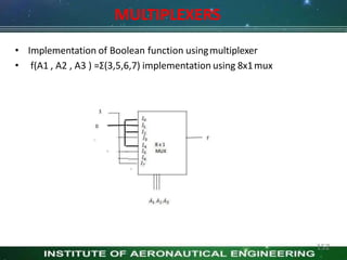 MULTIPLEXERS
• Implementation of Boolean function usingmultiplexer
• f(A1 , A2 , A3 ) =Σ(3,5,6,7) implementation using 8x1mux
152
 