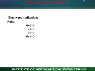 Binary multiplication:
Rules:
0x0=0
1x1=0
1x0=0
0x1=0
1
BINARYARITHMETIC
 