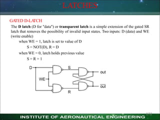 LATCHES
GA
TED D-LA
TCH
The D latch (D for "data") or transparent latch is a simple extension of the gated SR
latch that removes the possibility of invalid input states. Two inputs: D (data) and WE
(write enable)
when WE = 1, latch is set to value of D
S = NOT(D), R = D
when WE = 0, latch holds previous value
S = R = 1
172
 