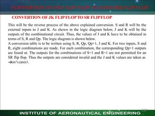 CONVERTION OF ONE FLIP FLOP TO ANOTHER FLIP FLOP
197
CONVERTION OF JK FLIPFLOPTO SR FLIPFLOP
This will be the reverse process of the above explained conversion. S and R will be the
external inputs to J and K. As shown in the logic diagram below, J and K will be the
outputs of the combinational circuit. Thus, the values of J and K have to be obtained in
terms of S, R and Qp. The logic diagram is shown below.
A conversion table is to be written using S, R, Qp, Qp+1, J and K. For two inputs, S and
R, eight combinations are made. For each combination, the corresponding Qp+1 outputs
are found ut. The outputs for the combinations of S=1 and R=1 are not permitted for an
SR flip flop. Thus the outputs are considered invalid and the J and K values are taken as
―
don’t cares‖.
 