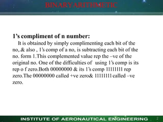1’s compliment of n number:
It is obtained by simply complimenting each bit of the
no,.& also , 1’s comp of a no, is subtracting each bit of the
no. form 1.This complemented value rep the –ve of the
original no. One of the difficulties of using 1’s comp is its
rep o f zero.Both 00000000 & its 1’s comp 11111111 rep
zero.The 00000000 called +ve zero& 11111111called –ve
zero.
2
BINARYARITHMETIC
 