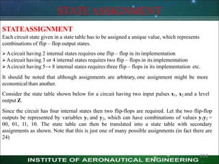STATEASSIGNMENT
214
STATEASSIGNMENT
Each circuit state given in a state table has to be assigned a unique value, which represents
combinations of flip – flop output states.
Acircuit having 2 internal states requires one flip – flop in its implementation
Acircuit having 3 or 4 internal states requires two flip – flops in its implementation
Acircuit having 5→ 8 internal states requires three flip – flops in its implementation etc.
It should be noted that although assignments are arbitrary, one assignment might be more
economical than another.
Consider the state table shown below for a circuit having two input pulses x1, x2 and a level
output Z.
Since the circuit has four internal states then two flip-flops are required. Let the two flip-flop
outputs be represented by variables y1 and y2, which can have combinations of values y1y2 =
00, 01, 11, 10. The state table can then be translated into a state table with secondary
assignments as shown. Note that this is just one of many possible assignments (in fact there are
24)
 