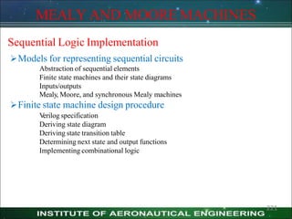 MEALY AND MOORE MACHINES
221
Sequential Logic Implementation
Models for representing sequential circuits
Abstraction of sequential elements
Finite state machines and their state diagrams
Inputs/outputs
Mealy, Moore, and synchronous Mealy machines
Finite state machine design procedure
V
erilog specification
Deriving state diagram
Deriving state transition table
Determining next state and output functions
Implementing combinational logic
 