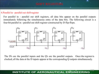 SHIFT REGISTERS
4.Parallel in –parallel out shift register
For parallel in - parallel out shift registers, all data bits appear on the parallel outputs
immediately following the simultaneous entry of the data bits. The following circuit is a
four-bit parallel in - parallel out shift register constructed by D flip-flops.
The D's are the parallel inputs and the Q's are the parallel outputs. Once the registeris
clocked, all the data at the D inputs appear at the corresponding Q outputs simultaneously.
239
 