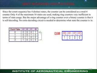 SHIFT REGISTERS AND COUNTERS
Since the count sequence has 4 distinct states, the counter can be considered as a mod-4
counter. Only 4 of the maximum 16 states are used, making ring counters very inefficient in
terms of state usage. But the major advantage of a ring counter over a binary counter is that it
is self-decoding. No extra decoding circuit is needed to determine what state the counter is in.
242
 