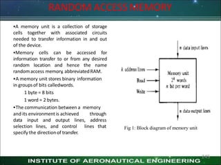 A memory unit is a collection of storage
cells together with associated circuits
needed to transfer information in and out
of the device.
Memory cells can be accessed for
information transfer to or from any desired
random location and hence the name
randomaccess memory, abbreviatedRAM.
A memory unit stores binary information
in groups of bits calledwords.
1 byte = 8 bits
1 word = 2 bytes.
The communication between a memory
and its environment is achieved
data input and output lines,
through
address
lines that
selection lines, and control
specify the direction of transfer.
Fig 1: Block diagram of memory unit
RANDOM ACCESS MEMORY
245
 