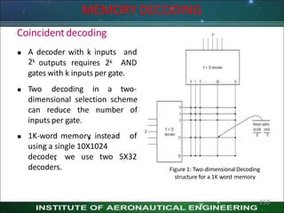 Coincident decoding
 A decoder with k inputs and
2k outputs requires 2k AND
gates with k inputs per gate.
 Two decoding in a two-
dimensional selection scheme
can reduce the number of
inputs per gate.
 1K-word memory
, instead of
using a single 10X1024
decoder
, we use two 5X32
decoders. Figure 1: Two-dimensionalDecoding
structure for a 1K word memory
MEMORY DECODING
258
 