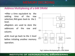 Address Multiplexing of a 64K DRAM
settling time of the
After a time equivalent to the
row
selection, RAS goes back to the 1
level.
Registers are used to store the
addresses of the row and
column.
CAS must go back to the 1 level
before initialing another memory
operation.
Fig 2: Address Multiplexingfor a 64K DRAM
MEMORY DECODING
261
 