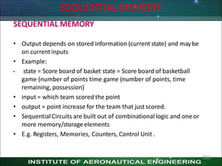 SEQUENTIAL MEMORY
• Output depends on stored information (current state) and maybe
on currentinputs
• Example:
• state = Score board of basket state = Score board of basketball
game (number of points time game (number of points, time
remaining, possession)
• input = which team scored the point
• output = point increase for the team that justscored.
• Sequential Circuits are built out of combinational logic and oneor
more memory/storage elements
• E.g. Registers, Memories, Counters, Control Unit .
266
SEQUENTIAL MEMORY
 