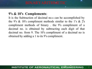 BINARYARITHMETIC
2
9’s & 10’s Complements:
It is the Subtraction of decimal no.s can be accomplished by
the 9’s & 10’s compliment methods similar to the 1’s & 2’s
compliment methods of binary . the 9’s compliment of a
decimal no. is obtained by subtracting each digit of that
decimal no. from 9. The 10’s compliment of a decimal no is
obtained by adding a 1 to its 9’s compliment.
 