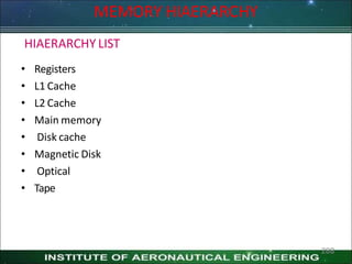 HIAERARCHY LIST
• Registers
• L1 Cache
• L2 Cache
• Main memory
• Disk cache
• Magnetic Disk
• Optical
• Tape
288
MEMORY HIAERARCHY
 