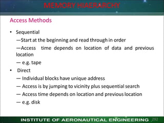 Access Methods
• Sequential
—Start at the beginning and read through in order
—Access time depends on location of data and previous
location
— e.g. tape
• Direct
— Individual blocks have unique address
— Access is by jumping to vicinity plus sequential search
— Access time depends on location and previouslocation
— e.g. disk
292
MEMORY HIAERARCHY
 