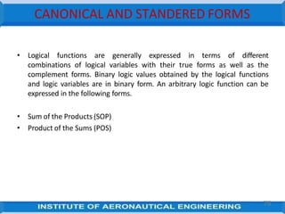 CANONICAL AND STANDERED FORMS
75
• Logical functions are generally expressed in terms of different
combinations of logical variables with their true forms as well as the
complement forms. Binary logic values obtained by the logical functions
and logic variables are in binary form. An arbitrary logic function can be
expressed in the following forms.
• Sum of the Products (SOP)
• Product of the Sums (POS)
 