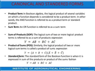 CANONICAL AND STANDERED FORMS
• Product Term:In Boolean algebra, the logical product of several variables
on which a function depends is considered to be a product term. In other
words, the AND function is referred to as a product term or standard
product.
• Sum Term: An OR function is referred to as a sum term
• Sum of Products (SOP): The logical sum of two or more logical product
terms is referred to as a sum of products expression
• Product of Sums (POS): Similarly, the logical product of two or more
logical sum terms is called a product of sums expression
• Standardform: The standard form of the Boolean function is when it is
expressed in sum of the products or product of the sums fashion
76
 