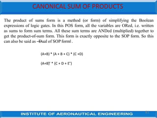 CANONICAL SUM OF PRODUCTS
81
The product of sums form is a method (or form) of simplifying the Boolean
expressions of logic gates. In this POS form, all the variables are ORed, i.e. written
as sums to form sum terms. All these sum terms are ANDed (multiplied) together to
get the product-of-sum form. This form is exactly opposite to the SOP form. So this
can also be said as ―
Dual of SOP form‖ .
(A+B) * (A + B + C) * (C +D)
(A+B) ̅ * (C + D + E ̅)
 