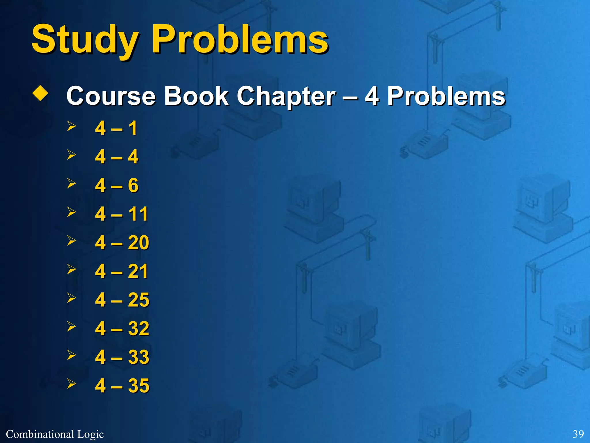 Combinational Logic 39
Study ProblemsStudy Problems
 Course Book Chapter – 4 ProblemsCourse Book Chapter – 4 Problems
 4 – 14 – 1
 4 – 44 – 4
 4 – 64 – 6
 4 – 114 – 11
 4 – 204 – 20
 4 – 214 – 21
 4 – 254 – 25
 4 – 324 – 32
 4 – 334 – 33
 4 – 354 – 35
 