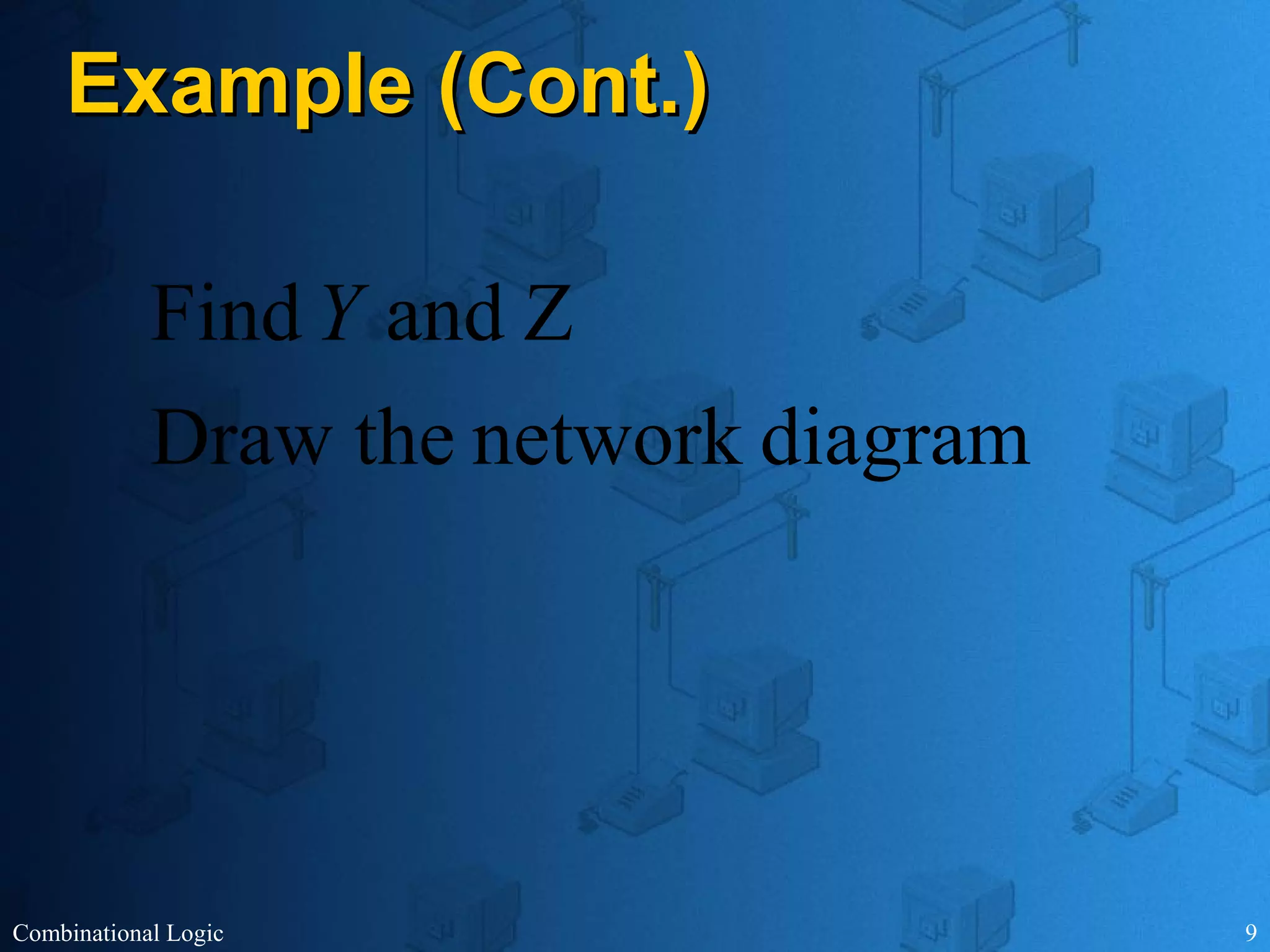 Combinational Logic 9
Example (Cont.)Example (Cont.)
diagramnetworktheDraw
ZandFindY
 