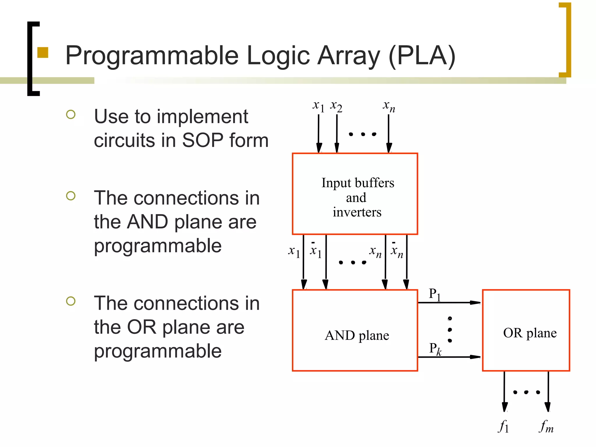  Programmable Logic Array (PLA)
 Use to implement
circuits in SOP form
 The connections in
the AND plane are
programmable
 The connections in
the OR plane are
programmable
f1
AND plane OR plane
Input buffers
inverters
and
P1
Pk
fm
x1 x2 xn
x1 x1 xn xn
 
