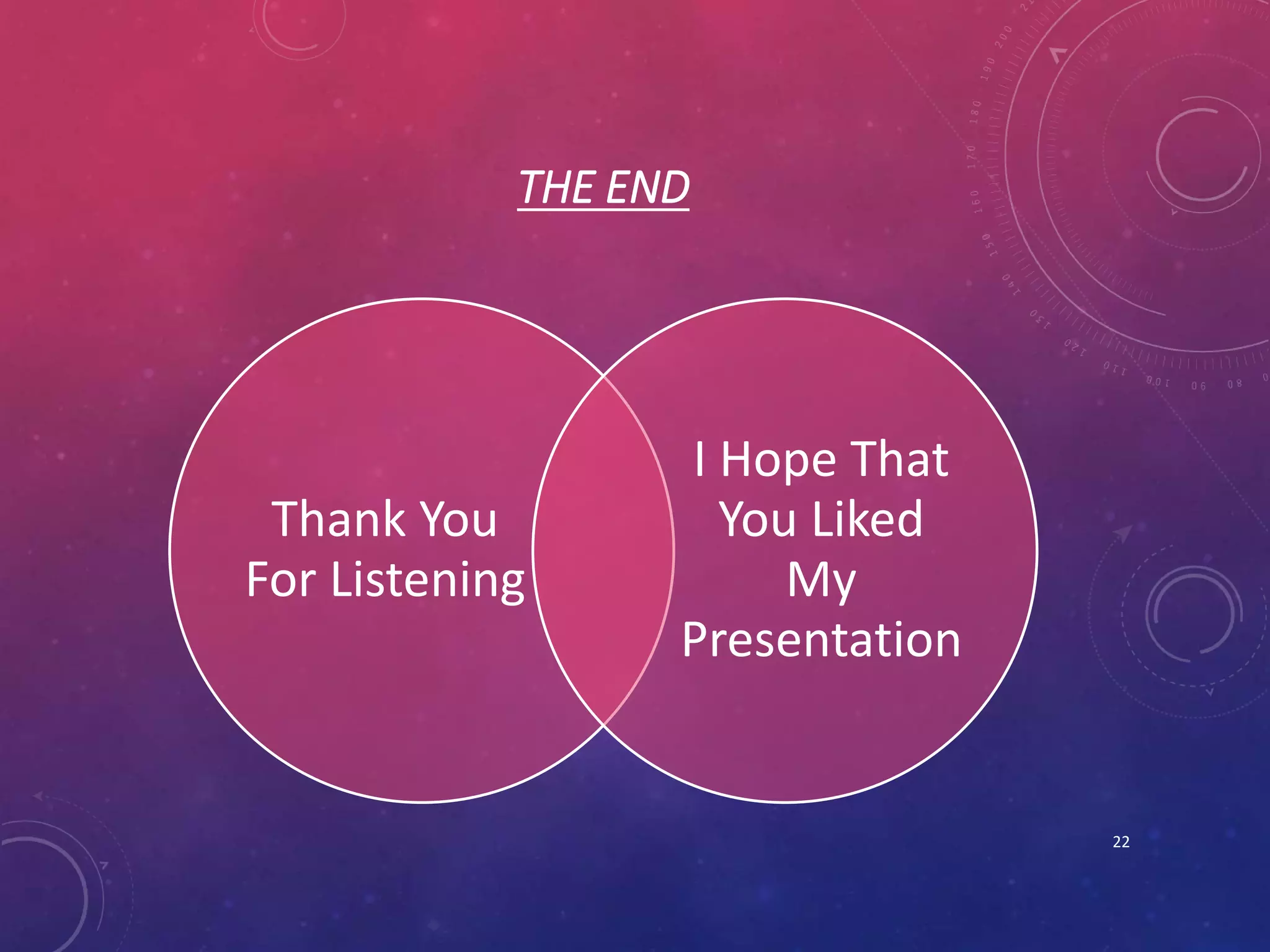 THE END
Thank You
For Listening
I Hope That
You Liked
My
Presentation
22
 