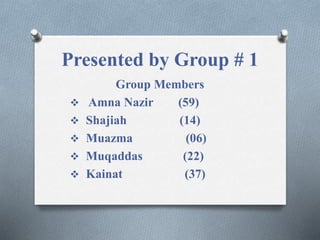 Presented by Group # 1
Group Members
 Amna Nazir (59)
 Shajiah (14)
 Muazma (06)
 Muqaddas (22)
 Kainat (37)
 