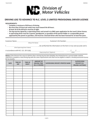 Form	
  DL-­‐4A	
   09/2011	
  
1	
  of	
  2	
  
	
  
	
  
	
  
	
  
	
  
	
  
	
  
	
  
	
  
	
  
	
  
DRIVING	
  LOG	
  TO	
  ADVANCE	
  TO	
  N.C.	
  LEVEL	
  2	
  LIMITED	
  PROVISIONAL	
  DRIVER	
  LICENSE	
  
	
  
REQUIREMENTS:	
  
·∙	
  	
  	
  Complete	
  a	
  minimum	
  of	
  60	
  hours	
  of	
  driving.	
  
·∙	
  	
  	
  No	
  more	
  than	
  10	
  hours	
  per	
  week	
  may	
  count	
  toward	
  the	
  60	
  hours.	
  
·∙	
  	
  	
  At	
  least	
  10	
  of	
  the	
  60	
  hours	
  must	
  be	
  at	
  night.	
  
·∙	
  	
  	
  The	
  log	
  must	
  be	
  signed	
  by	
  a	
  supervising	
  driver	
  and	
  turned	
  in	
  to	
  DMV	
  upon	
  application	
  for	
  the	
  Level	
  2	
  driver	
  license.	
  	
  
·∙	
  	
  	
  A	
  supervising	
  driver	
  must	
  be	
  a	
  parent,	
  grandparent,	
  or	
  guardian	
  of	
  the	
  permit	
  holder	
  or	
  a	
  responsible	
  person	
  	
  
approved	
  by	
  the	
  parent	
  or	
  guardian,	
  and	
  must	
  be	
  a	
  licensed	
  driver	
  who	
  has	
  been	
  licensed	
  for	
  at	
  least	
  five	
  years.	
  
	
  
	
  
Customer	
  Name:	
  	
   	
  	
  Customer’s	
  DL	
  Number:	
  	
   	
  
(Please	
  Print	
  Name)	
  
	
  
I	
  	
  	
  	
   ,	
  do	
  certify	
  that	
  the	
  information	
  on	
  this	
  form	
  is	
  true	
  and	
  accurate	
  and	
  is	
  
(Print	
  Supervising	
  Driver’s	
  Name)	
  
	
  
in	
  accordance	
  with	
  N.C.	
  G.S.	
  20-­‐11(d),	
  	
  	
   	
   	
  	
   /	
  	
   /	
  	
   	
  
(Supervising	
  Driver’s	
  Signature)	
   (Date)	
  
	
  
Notice:	
  If	
  the	
  Division	
  has	
  cause	
  to	
  believe	
  that	
  a	
  driving	
  log	
  has	
  been	
  falsified,	
  the	
  limited	
  learner’s	
  permit	
  holder	
  shall	
  be	
  
required	
  to	
  complete	
  a	
  new	
  driving	
  log	
  with	
  the	
  same	
  requirements	
  and	
  shall	
  not	
  be	
  eligible	
  to	
  obtain	
  a	
  limited	
  provisional	
  license	
  
for	
  six	
  months.	
  	
  
	
  
DATE	
  
	
  
TIME	
  OF	
  
DAY	
  
	
  
TIME	
  OF	
  	
  
NIGHT	
  
AMOUNT	
  OF	
  
DRIVING	
  TIME	
  
(E.G.	
  #	
  HOURS)	
  
	
  
SUPERVISING	
  DRIVER’S	
  PRINTED	
  NAME	
  
SUPERVISING	
  
DRIVER’S	
  DL	
  	
  
(Number	
  and	
  State)	
  
	
   	
   	
   	
   	
   	
  
	
   	
   	
   	
   	
   	
  
	
   	
   	
   	
   	
   	
  
	
   	
   	
   	
   	
   	
  
	
   	
   	
   	
   	
   	
  
	
   	
   	
   	
   	
   	
  
	
   	
   	
   	
   	
   	
  
	
   	
   	
   	
   	
   	
  
	
   	
   	
   	
   	
   	
  
	
   	
   	
   	
   	
   	
  
	
   	
   	
   	
   	
   	
  
	
   	
   	
   	
   	
   	
  
	
   	
   	
   	
   	
   	
  
	
   	
   	
   	
   	
   	
  
	
   	
   	
   	
   	
   	
  
	
   	
   	
   	
   	
   	
  
	
   	
   	
   	
   	
   	
  
	
   	
   	
   	
   	
   	
  
	
   	
   	
   	
   	
   	
  
	
   	
   	
   	
   	
   	
  
	
  
 