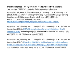 Main References – freely available for download from the links
See the two CATALISE papers for full supporting references
Bishop, D. V. M., Clark, B., Conti-Ramsden, G., Norbury, C. F., & Snowling, M. J.
(2012). RALLI: An internet campaign for raising awareness of language learning
impairments. Child Language Teaching & Therapy, 28(3), 259-262.
doi:10.1177/0265659012459467. pdf here:
http://journals.sagepub.com/doi/pdf/10.1177/0265659012459467
Bishop, D. V. M., Snowling, M. J., Thompson, P. A., Greenhalgh, T., & The CATALISE
Consortium. (2016). CATALISE: a multinational and multidisciplinary Delphi
consensus study. Identifying language impairments in children. PLOS One, 11(7),
e0158753. doi:10.1371/journal.pone.0158753
Bishop, D. V. M., Snowling, M. J., Thompson, P. A., Greenhalgh, T., & The CATALISE
Consortium. (2017). Phase 2 of CATALISE: a multinational and multidisciplinary
Delphi consensus study of problems with language development: Terminology.
Journal of Child Psychology & Psychiatry. doi:10.1371/journal.pone.0158753
 