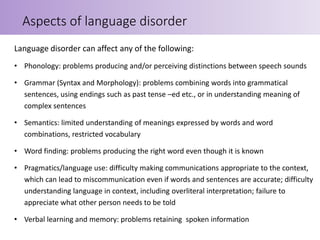 Language disorder can affect any of the following:
• Phonology: problems producing and/or perceiving distinctions between ...