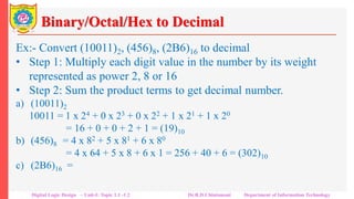 Binary/Octal/Hex to Decimal
Ex:- Convert (10011)2, (456)8, (2B6)16 to decimal
• Step 1: Multiply each digit value in the number by its weight
represented as power 2, 8 or 16
• Step 2: Sum the product terms to get decimal number.
a) (10011)2
10011 = 1 x 24 + 0 x 23 + 0 x 22 + 1 x 21 + 1 x 20
= 16 + 0 + 0 + 2 + 1 = (19)10
b) (456)8 = 4 x 82 + 5 x 81 + 6 x 80
= 4 x 64 + 5 x 8 + 6 x 1 = 256 + 40 + 6 = (302)10
c) (2B6)16 = 2 x 162 + 11 x 161 + 6 x 160
= 2 x 256 + 11 x 16 + 6 x 1 = 512 + 176 + 6 = (694)10
Digital Logic Design – Unit-I: Topic 1.1 -1.2 Dr.R.D.Chintamani Department of Information Technology
 