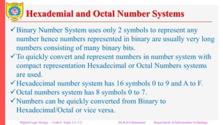 Hexademial and Octal Number Systems
Binary Number System uses only 2 symbols to represent any
number hence numbers represented in binary are usually very long
numbers consisting of many binary bits.
To quickly convert and represent numbers in number system with
compact representation Hexadecimal or Octal Numbers systems
are used.
Hexadecimal number system has 16 symbols 0 to 9 and A to F.
Octal numbers system has 8 symbols 0 to 7.
Numbers can be quickly converted from Binary to
Hexadecimal/Octal or vice versa.
Digital Logic Design – Unit-I: Topic 1.1 -1.2 Dr.R.D.Chintamani Department of Information Technology
 