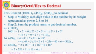 Binary/Octal/Hex to Decimal
Ex:- Convert (10011)2, (456)8, (2B6)16 to decimal
• Step 1: Multiply each digit value in the number by its weight
represented as power 2, 8 or 16
• Step 2: Sum the product terms to get decimal number.
a) (10011)2
10011 = 1 x 24 + 0 x 23 + 0 x 22 + 1 x 21 + 1 x 20
= 16 + 0 + 0 + 2 + 1 = (19)10
b) (456)8 = 4 x 82 + 5 x 81 + 6 x 80
= 4 x 64 + 5 x 8 + 6 x 1 = 256 + 40 + 6 = (302)10
c) (2B6)16 = 2 x 162 + 11 x 161 + 6 x 160
= 2 x 256 + 11 x 16 + 6 x 1 = 512 + 176 + 6 = (694)10
Digital Logic Design – Unit-I: Topic 1.1 -1.2 Dr.R.D.Chintamani Department of Information Technology
 
