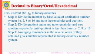 Decimal to Binary/Octal/Hexadecimal
Ex:- Convert (861)10 to binary/octal/hex
• Step 1: Divide the number by base value of destination number
system i.e. 2, 8 or 16 and note the remainder and quotient.
• Step 2: Divide quotient again and note remainder and new
quotient repeatedly until quotient is less than base i.e. 2, 8 or 16
• Step 3: Arranging remainders in the reverse order of they
obtained gives number represented in binary/octal/hex number
system.
Digital Logic Design – Unit-I: Topic 1.1 -1.2 Dr.R.D.Chintamani Department of Information Technology
 