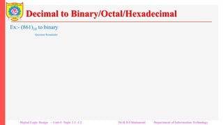 Decimal to Binary/Octal/Hexadecimal
Ex:- (861)10 to binary
Quotient Remainder
861 ÷ 2 = 430 1
430 ÷ 2 = 215 0
215 ÷ 2 = 107 1
107 ÷ 2 = 58 0
58 ÷ 2 = 29 1
29 ÷ 2 = 14 1
14 ÷ 2 = 7 0
7 ÷ 2 = 3 1
3 ÷ 2 = 1 1
1 ÷ 2 = 0 1
(1110110101) 2
Ex:- (861)10 to octal
Quotient Remainder
861 ÷ 8 = 107 6
107 ÷ 8 = 13 3
13 ÷ 8 = 1 5
1 ÷ 8 = 0 1
(1536) 8
Ex:- (861)10 to binary
Quotient Remainder
861 ÷ 16 = 53 13
53 ÷ 16 = 3 5
3 ÷ 16 = 0 3
(35D) 16
Digital Logic Design – Unit-I: Topic 1.1 -1.2 Dr.R.D.Chintamani Department of Information Technology
 
