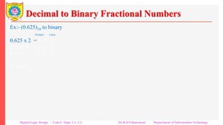 Decimal to Binary Fractional Numbers
Ex:- (0.625)10 to binary
Product Carry
0.625 x 2 = 1.25 1
0.25 x 2 = 0.5 0
0.5 x 2 = 1.0 1
(0.101) 2
Digital Logic Design – Unit-I: Topic 1.1 -1.2 Dr.R.D.Chintamani Department of Information Technology
 