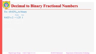 Decimal to Binary Fractional Numbers
Ex:- (0.625)10 to binary
Product Carry
0.625 x 2 = 1.25 1
0.25 x 2 = 0.5 0
0.5 x 2 = 1.0 1
(0.101) 2
Digital Logic Design – Unit-I: Topic 1.1 -1.2 Dr.R.D.Chintamani Department of Information Technology
 