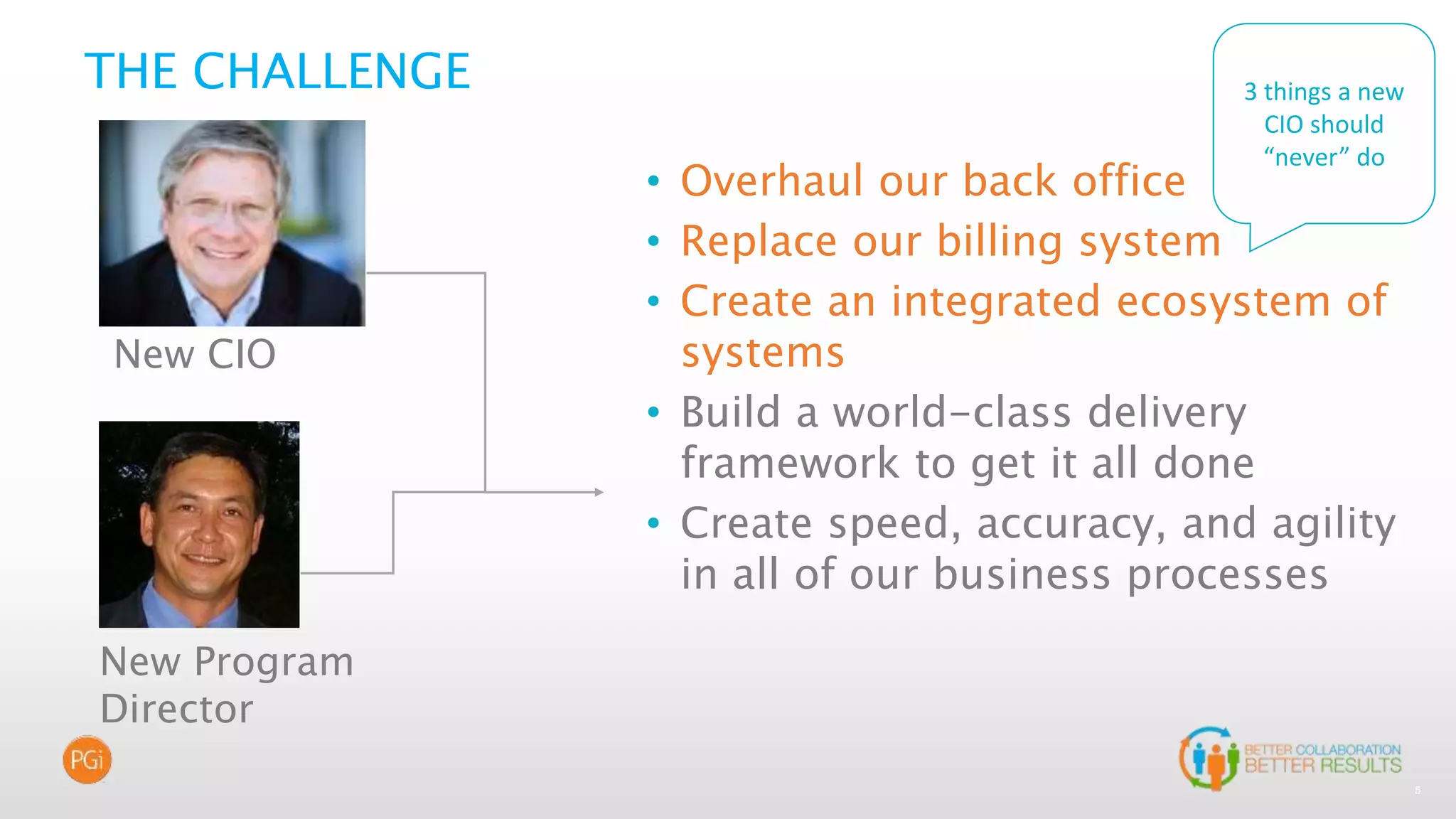 5
THE CHALLENGE
New Program
Director
New CIO
• Overhaul our back office
• Replace our billing system
• Create an integrated ecosystem of
systems
• Build a world-class delivery
framework to get it all done
• Create speed, accuracy, and agility
in all of our business processes
3 things a new
CIO should
“never” do
 