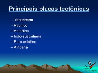 – Americana
– Pacífico
– Antártica
– Indo-australiana
– Euro-asiática
– Africana
 