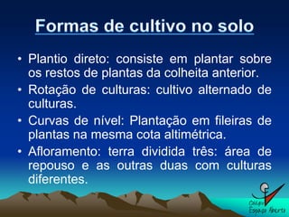 • Plantio direto: consiste em plantar sobre
  os restos de plantas da colheita anterior.
• Rotação de culturas: cultivo alternado de
  culturas.
• Curvas de nível: Plantação em fileiras de
  plantas na mesma cota altimétrica.
• Afloramento: terra dividida três: área de
  repouso e as outras duas com culturas
  diferentes.
 