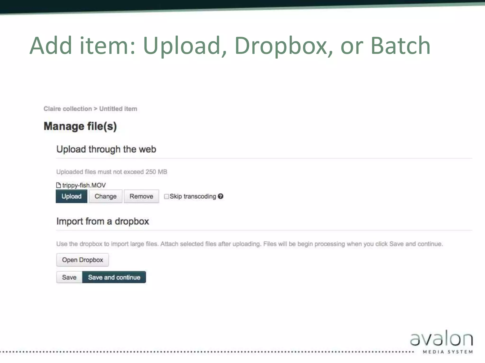 Add item: Upload, Dropbox, or Batch 
 
