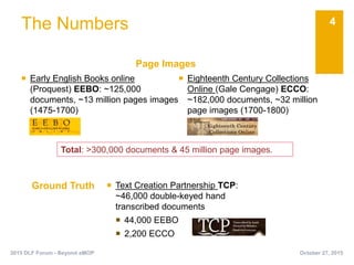 The Numbers
Page Images
 Early English Books online
(Proquest) EEBO: ~125,000
documents, ~13 million pages images
(1475-1700)
 Eighteenth Century Collections
Online (Gale Cengage) ECCO:
~182,000 documents, ~32 million
page images (1700-1800)
Ground Truth  Text Creation Partnership TCP:
~46,000 double-keyed hand
transcribed documents
 44,000 EEBO
 2,200 ECCO
4
October 27, 20152015 DLF Forum - Beyond eMOP
Total: >300,000 documents & 45 million page images.
 