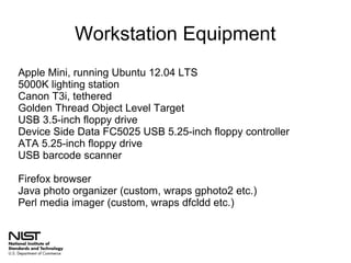 Workstation Equipment
Apple Mini, running Ubuntu 12.04 LTS
5000K lighting station
Canon T3i, tethered
Golden Thread Object Level Target
USB 3.5-inch floppy drive
Device Side Data FC5025 USB 5.25-inch floppy controller
ATA 5.25-inch floppy drive
USB barcode scanner
Firefox browser
Java photo organizer (custom, wraps gphoto2 etc.)
Perl media imager (custom, wraps dfcldd etc.)

 
