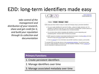 EZID: long-term identifiers made easy
           take control of the
            management and
distribution of your research,
   share and get credit for it,
    and build your reputation
    through its collection and
              documentation




                  Primary Functions
                  1. Create persistent identifiers
                  2. Manage identifiers over time
                  3. Manage associated metadata over time
 