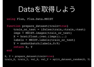 using Flux, Flux.Data.MNIST
function prepare_dataset(train=true)
train_or_test = ifelse(train,:train,:test)
imgs = MNIST.images(train_or_test)
X = hcat(float.(vec.(imgs))...)
labels = MNIST.labels(train_or_test)
Y = onehotbatch(labels,0:9)
return X, Y
end
X, Y = prepare_dataset(train=true)
train_X, train_Y, val_X, val_Y = split_dataset_random(X, Y)
 