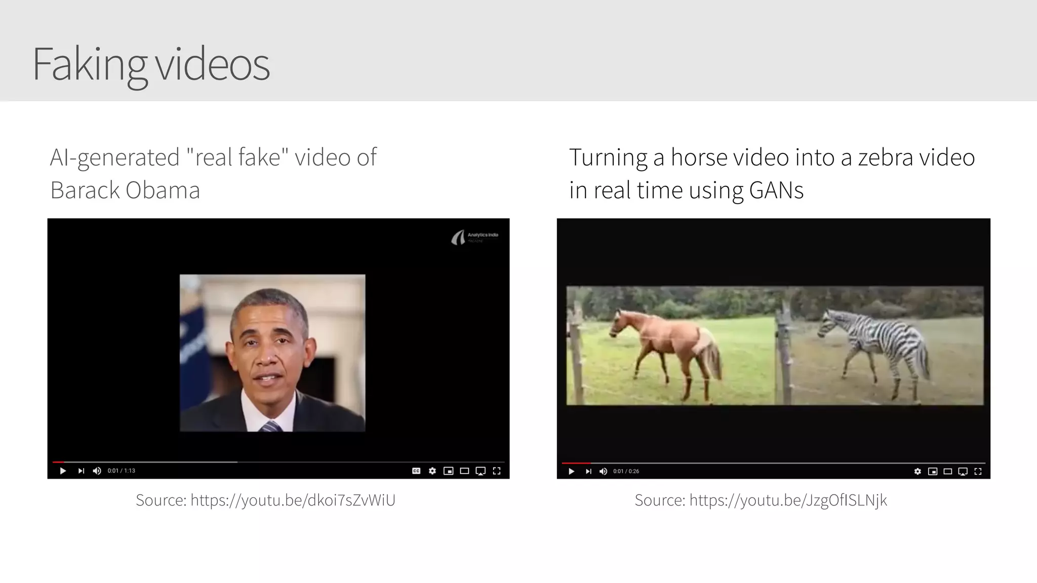 Fakingvideos
Source: https://youtu.be/dkoi7sZvWiU Source: https://youtu.be/JzgOfISLNjk
Turning a horse video into a zebra video
in real time using GANs
AI-generated "real fake" video of
Barack Obama
 
