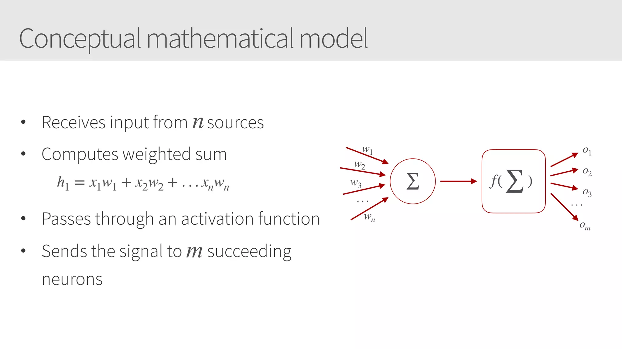 Conceptualmathematicalmodel
• Receives input from sources
• Computes weighted sum
• Passes through an activation function
• Sends the signal to succeeding
neurons
h1 = x1w1 + x2w2 + . . . xnwn ∑
w1
w2
w3
wn
f(
∑
)
o1
o2
o3
om
. . . . . .
m
n
 